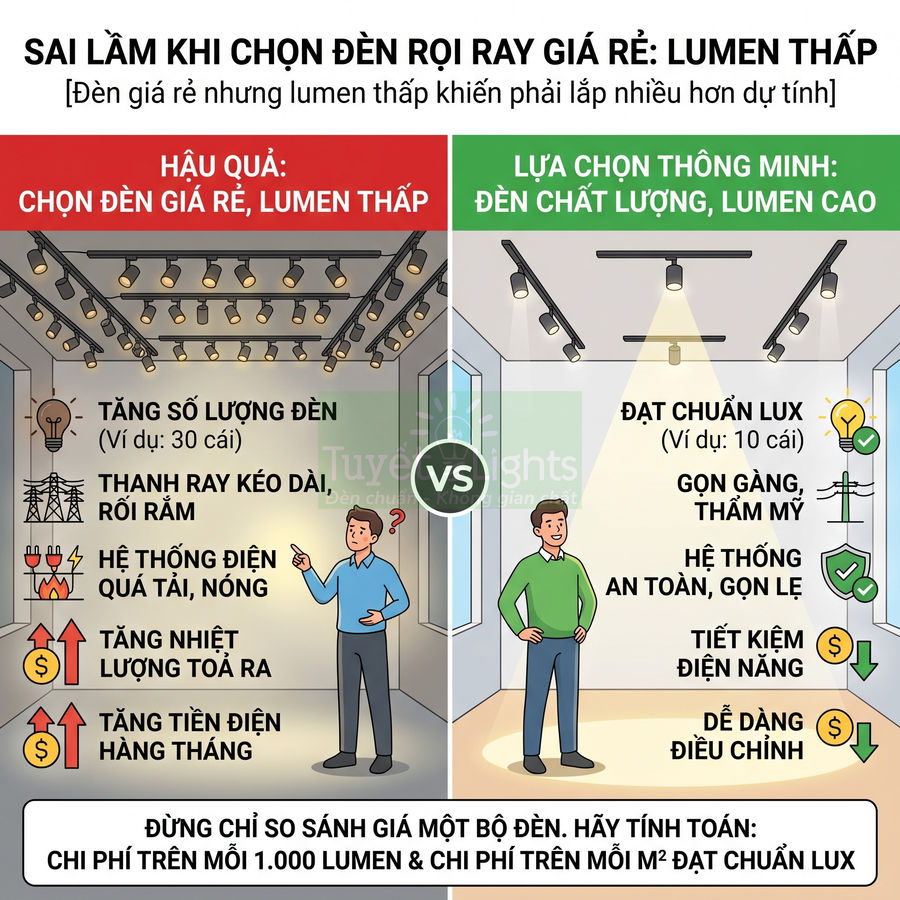 So sánh đèn rọi ray giá rẻ lumen thấp với đèn rọi ray chất lượng lumen cao trong không gian nội thất