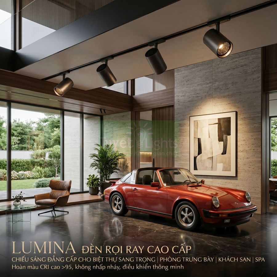 Đèn rọi ray Lumina cao cấp chiếu sáng phòng khách sang trọng với ô tô cổ màu đỏ bên trong