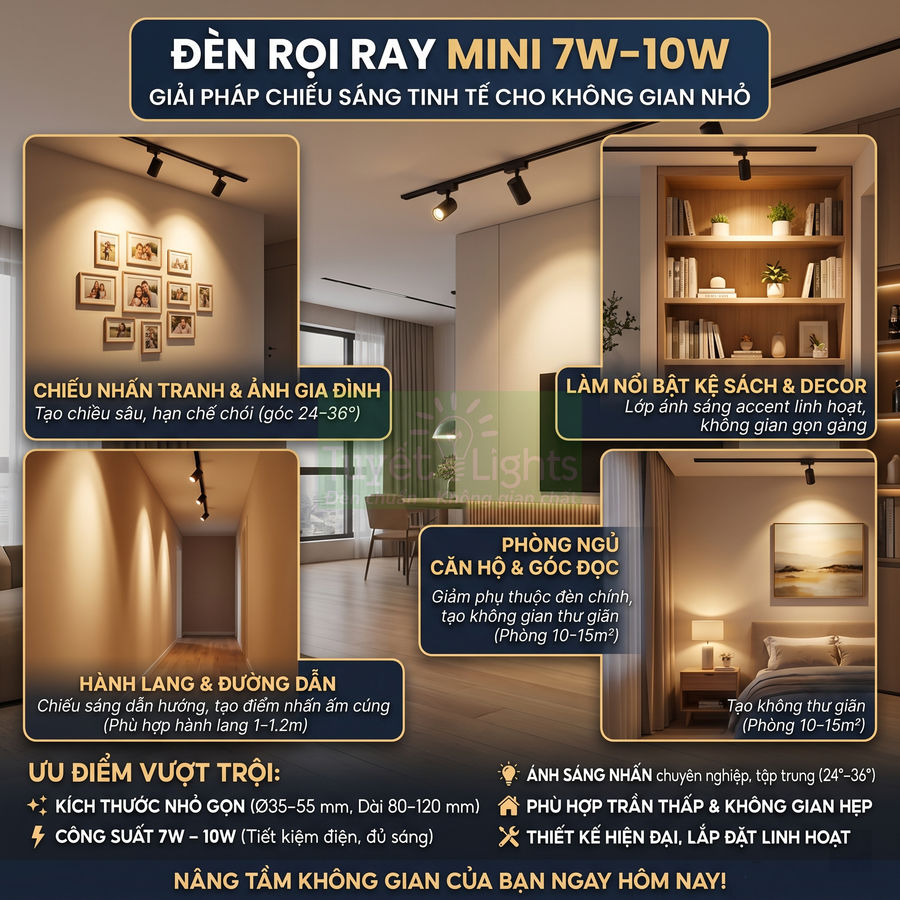 Đèn rọi ray mini 7W 10W chiếu sáng trang trí phòng khách, phòng ngủ, hành lang và kệ sách trong căn hộ hiện đại