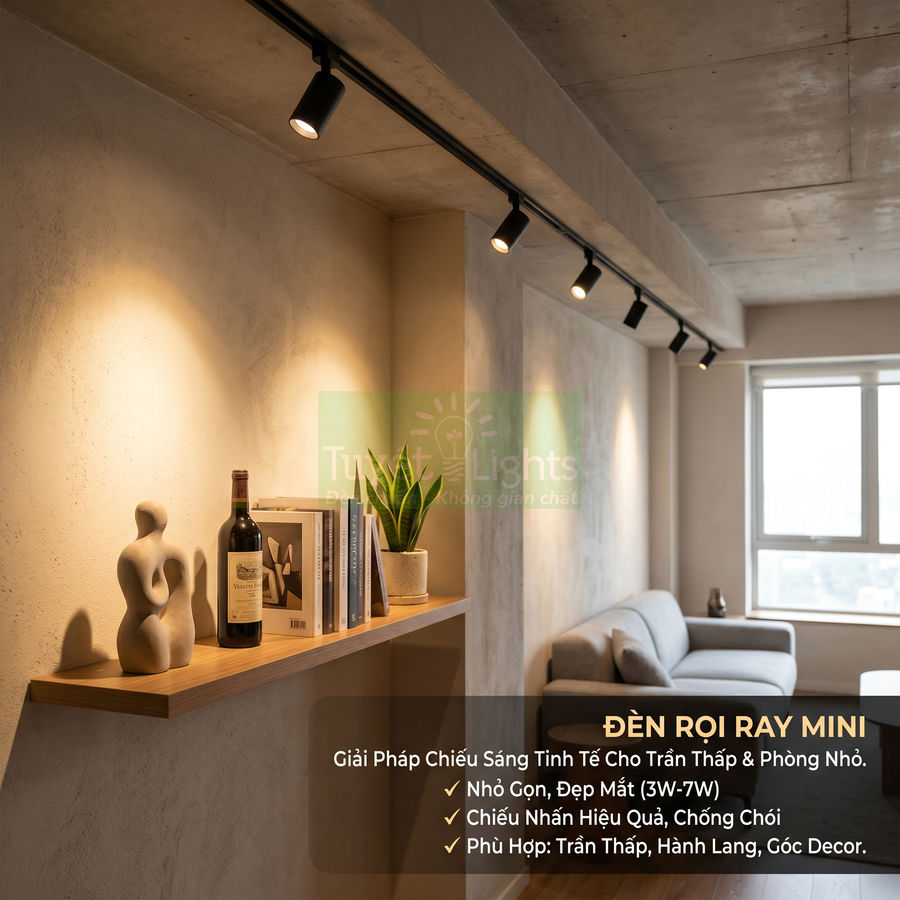 Đèn rọi ray mini chiếu sáng phòng khách trần thấp, tạo điểm nhấn cho kệ trang trí và không gian hiện đại