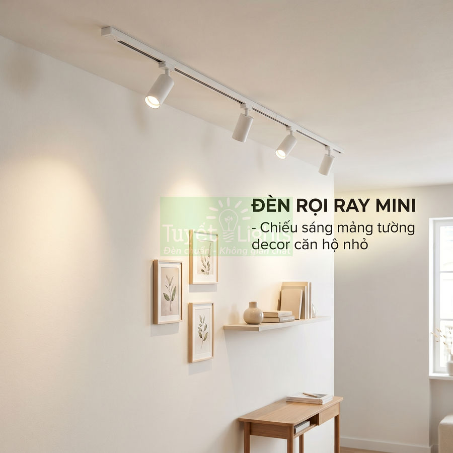 Đèn rọi ray mini màu trắng chiếu sáng tranh treo tường trong phòng khách hiện đại