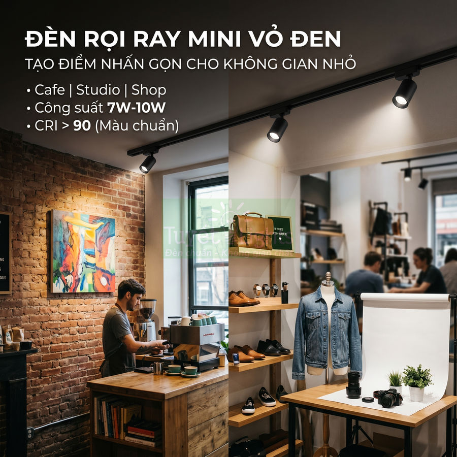 Đèn rọi ray mini vỏ đen chiếu sáng trưng bày trong quán cafe kết hợp shop thời trang nhỏ