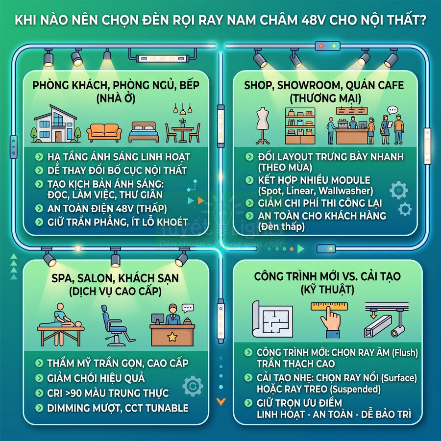 Infographic ứng dụng đèn rọi ray nam châm 48V cho phòng khách, shop, spa, khách sạn và công trình nội thất