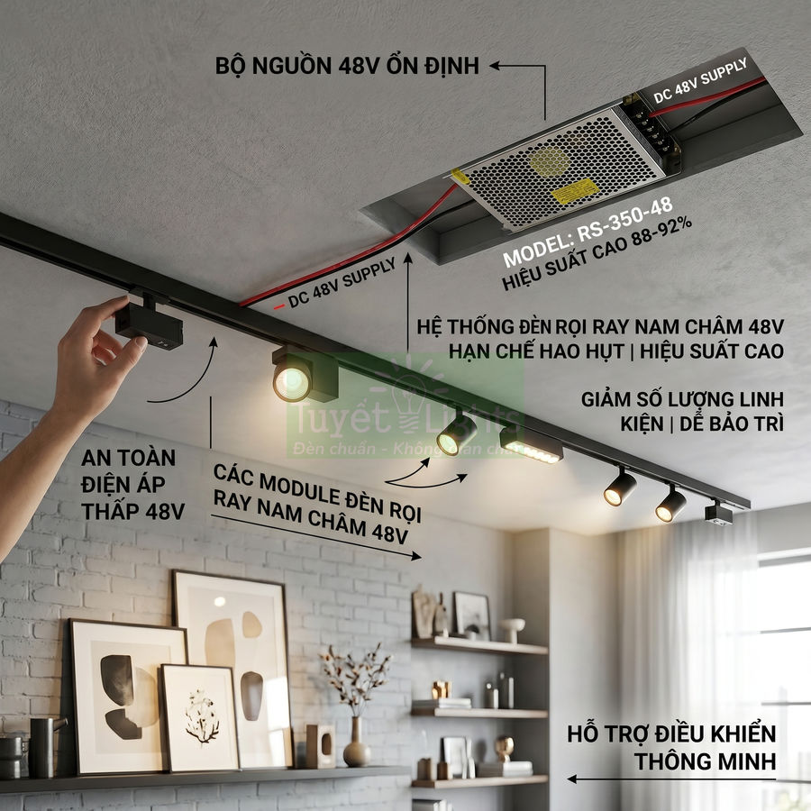 Hệ thống đèn rọi ray nam châm 48V trong phòng khách hiện đại với bộ nguồn âm trần và các module đèn LED