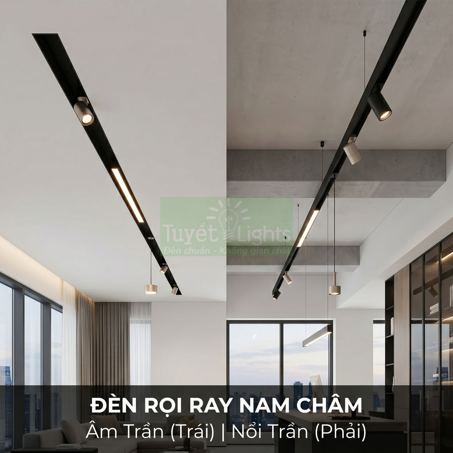 Đèn rọi ray nam châm Tuyết Lights lắp âm trần và nổi trần trong phòng khách hiện đại