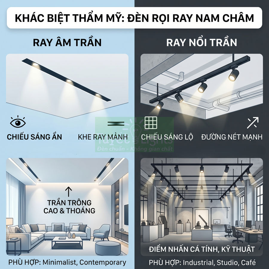 So sánh đèn rọi ray nam châm âm trần và ray nổi trần cho phòng khách và không gian công nghiệp
