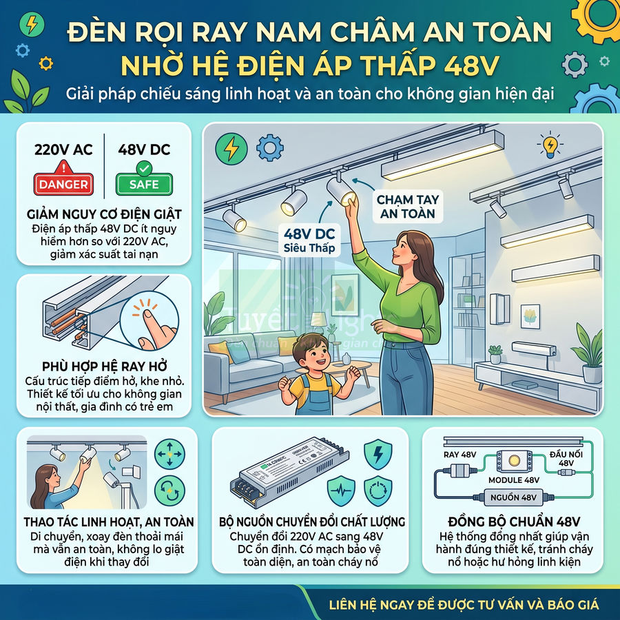 Đèn rọi ray nam châm 48V an toàn chống giật cho phòng khách hiện đại, dễ lắp đặt và điều chỉnh ánh sáng
