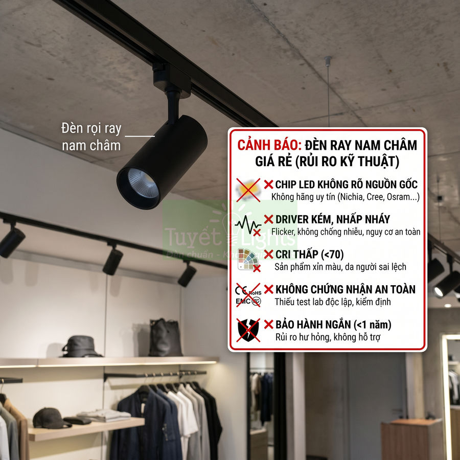 Đèn rọi ray nam châm màu đen lắp trên trần cửa hàng thời trang kèm bảng cảnh báo chọn đèn chất lượng