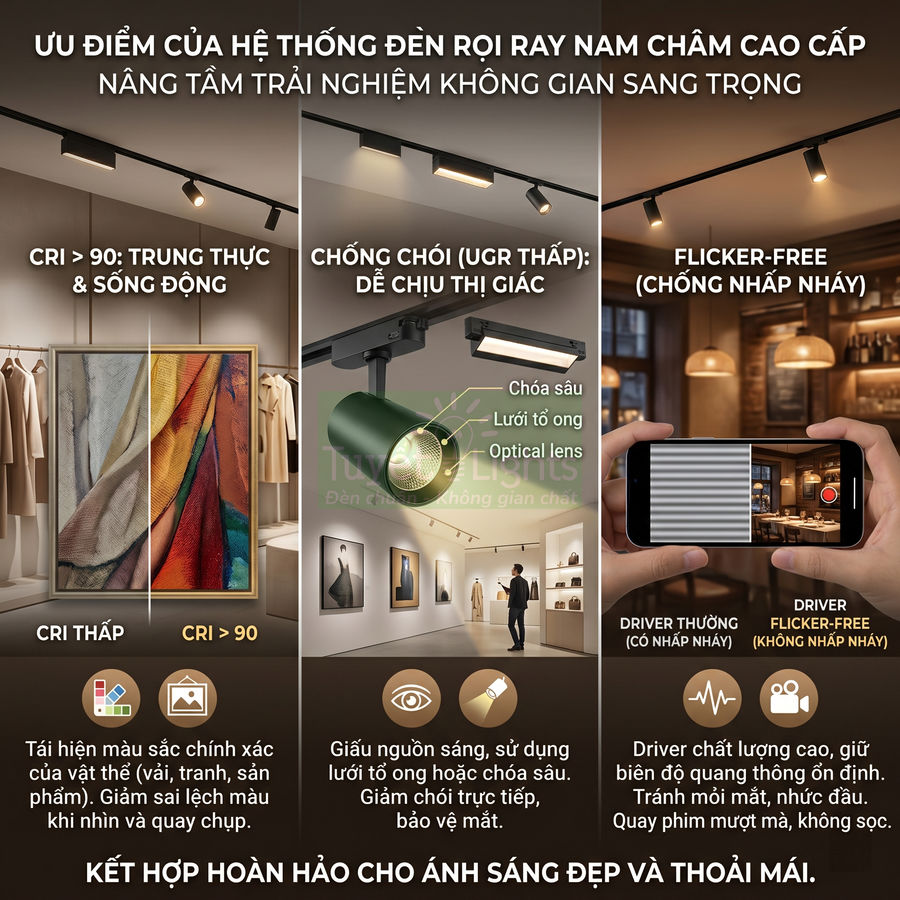 Hệ thống đèn rọi ray nam châm cao cấp CRI cao chống chói chống nhấp nháy cho không gian nội thất sang trọng