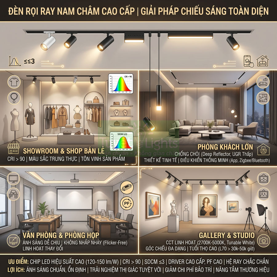 Đèn rọi ray nam châm cao cấp chiếu sáng showroom, phòng khách, văn phòng và gallery studio đa dạng không gian