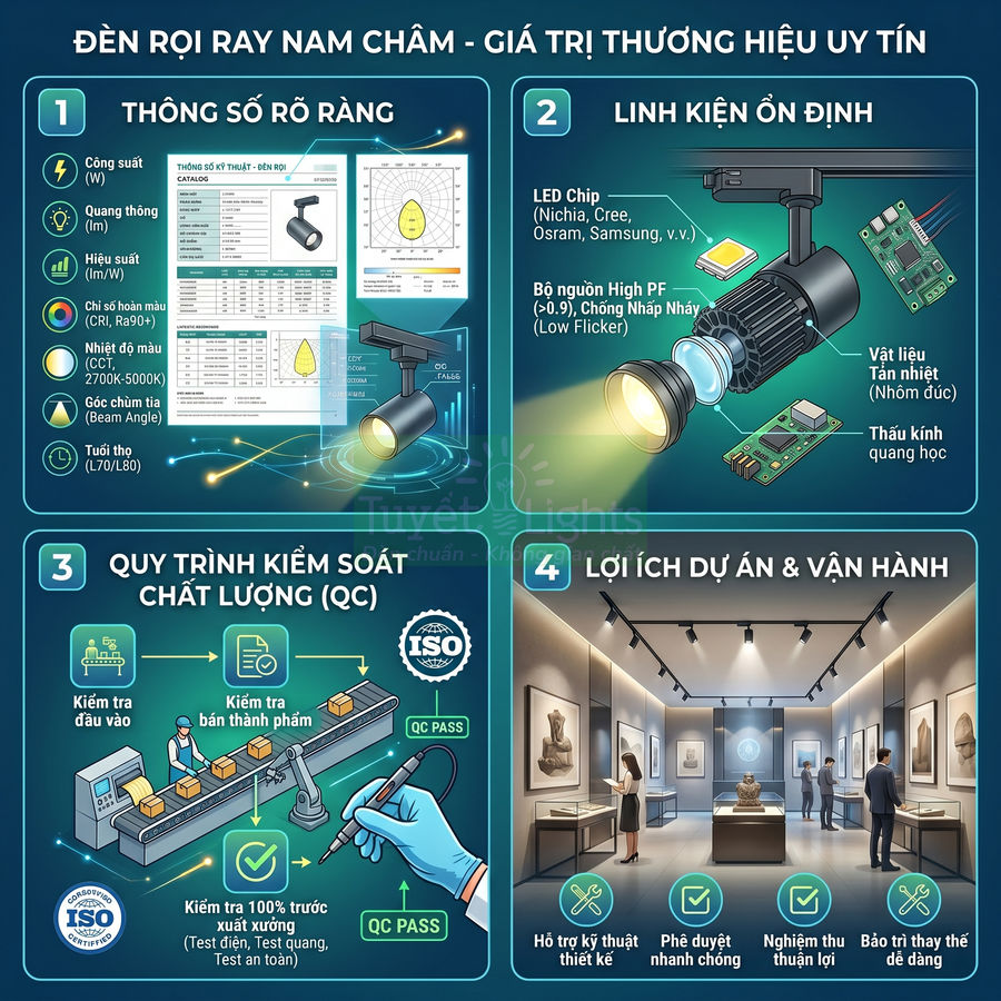 Đèn rọi ray nam châm cao cấp, linh kiện LED ổn định, quy trình QC đạt chuẩn ISO, chiếu sáng phòng trưng bày nghệ thuật