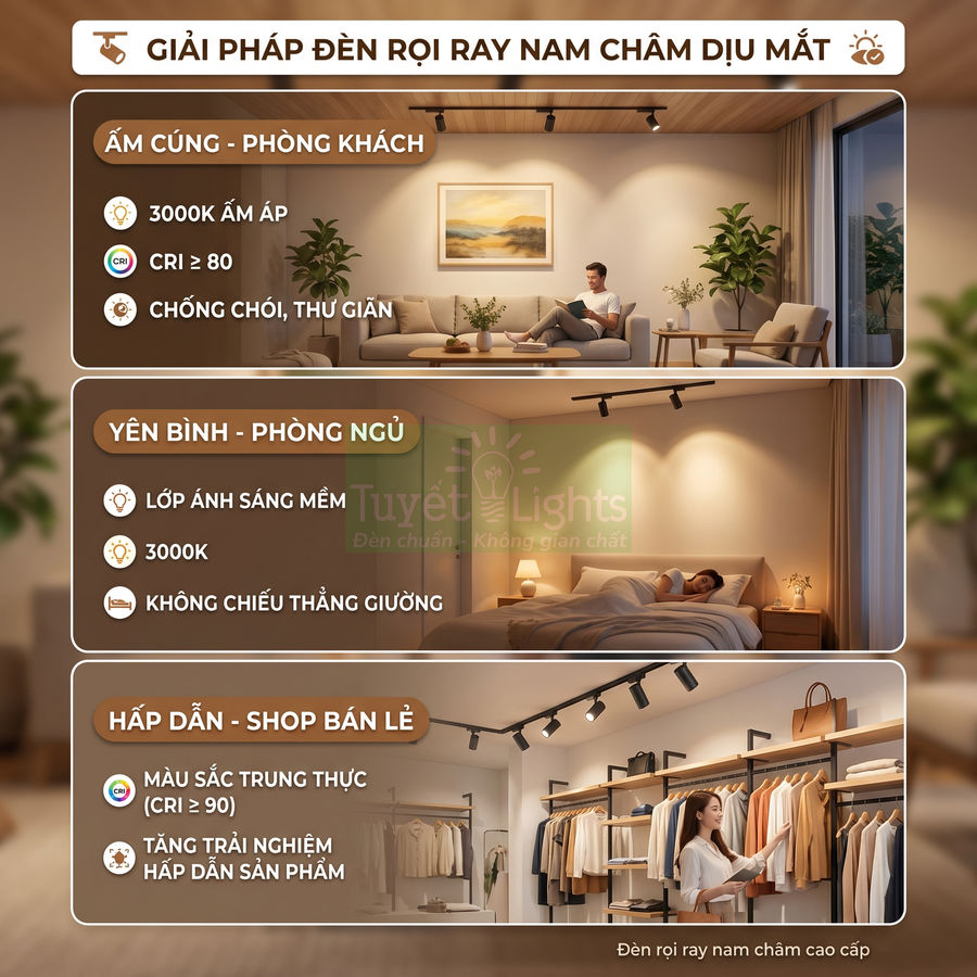 Đèn rọi ray nam châm Tuyết Lights chiếu sáng phòng khách, phòng ngủ và shop thời trang hiện đại