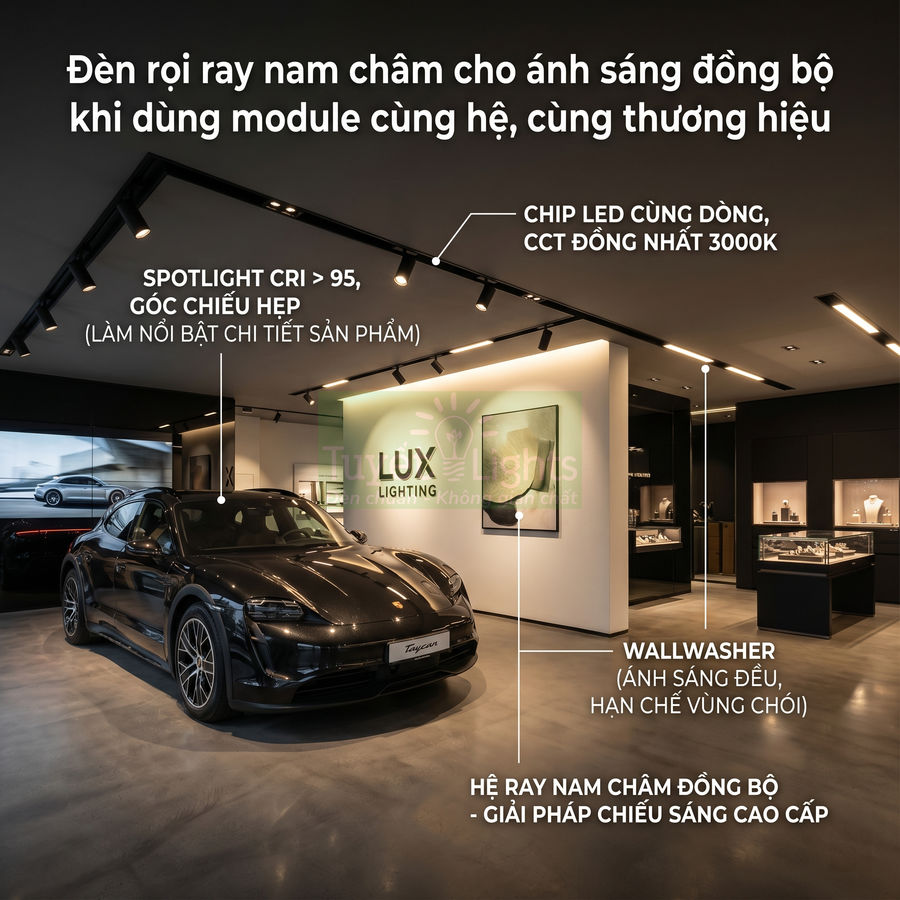 Đèn rọi ray nam châm chiếu sáng showroom xe hơi cao cấp với hệ spotlight và wallwasher đồng bộ