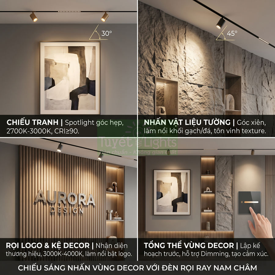 Chiếu sáng trang trí nội thất với đèn rọi ray nam châm cho tranh, logo và kệ decor hiện đại