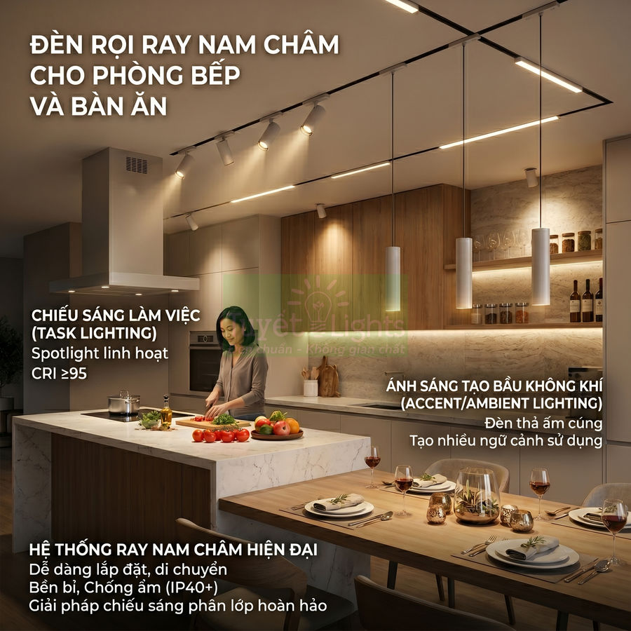 Đèn rọi ray nam châm chiếu sáng phòng bếp và bàn ăn hiện đại với ánh sáng ấm cúng