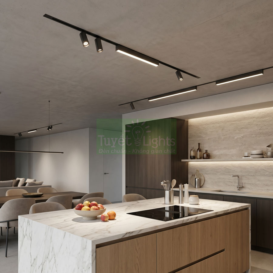Đèn rọi ray LED màu đen chiếu sáng phòng bếp hiện đại với đảo bếp mặt đá marble