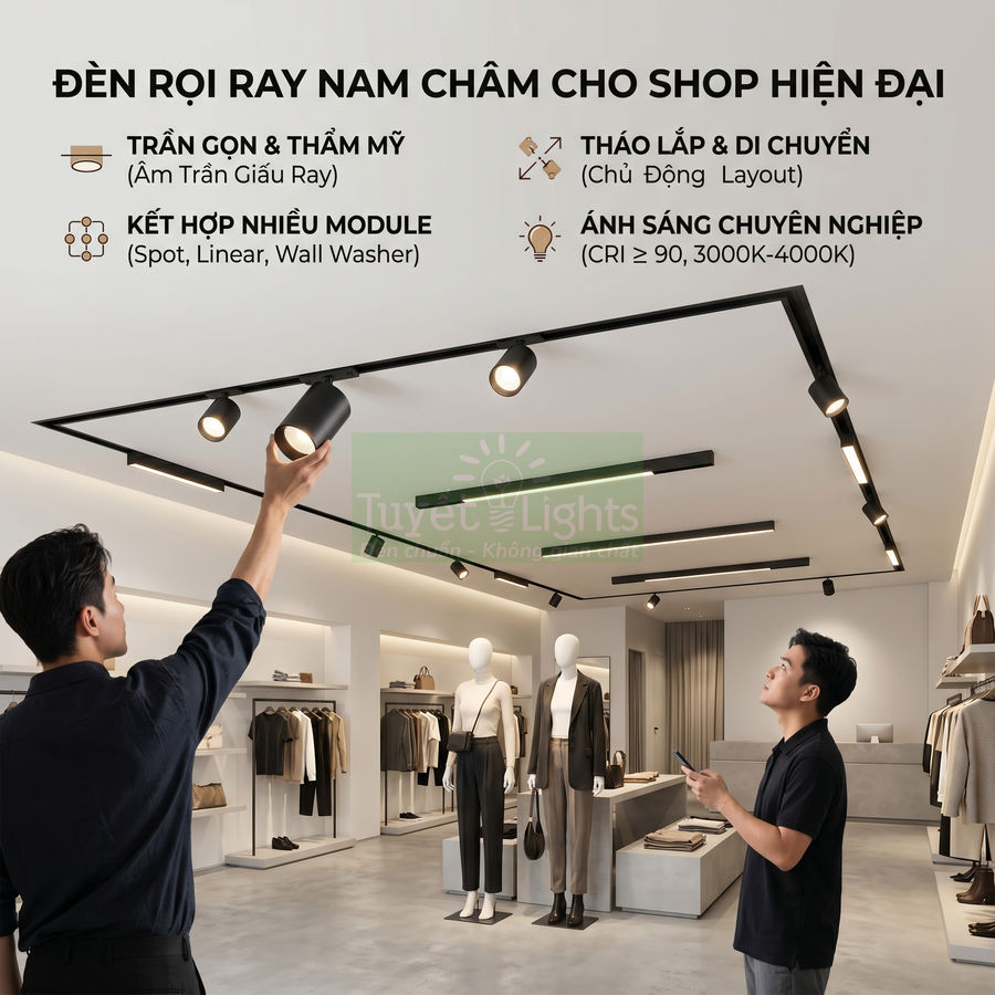Đèn rọi ray nam châm Tuyết Lights lắp trần cho shop quần áo hiện đại, ánh sáng tập trung chuyên nghiệp