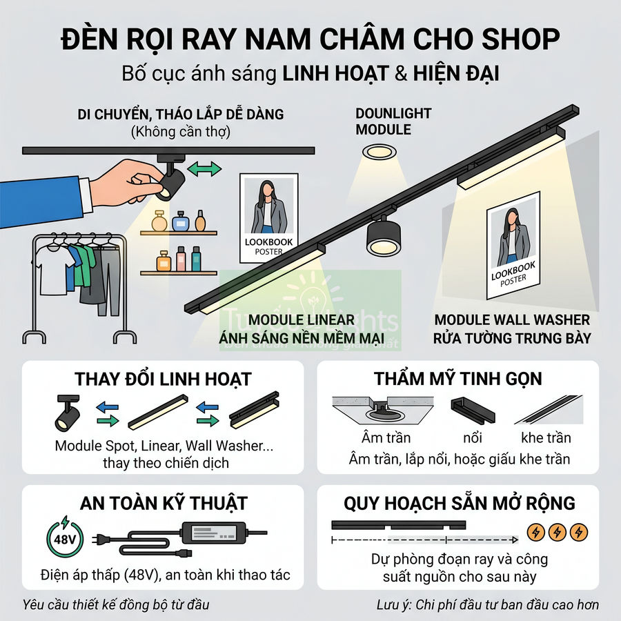 Đèn rọi ray nam châm cho shop với các module spot, linear, wall washer linh hoạt và lắp đặt âm trần gọn gàng