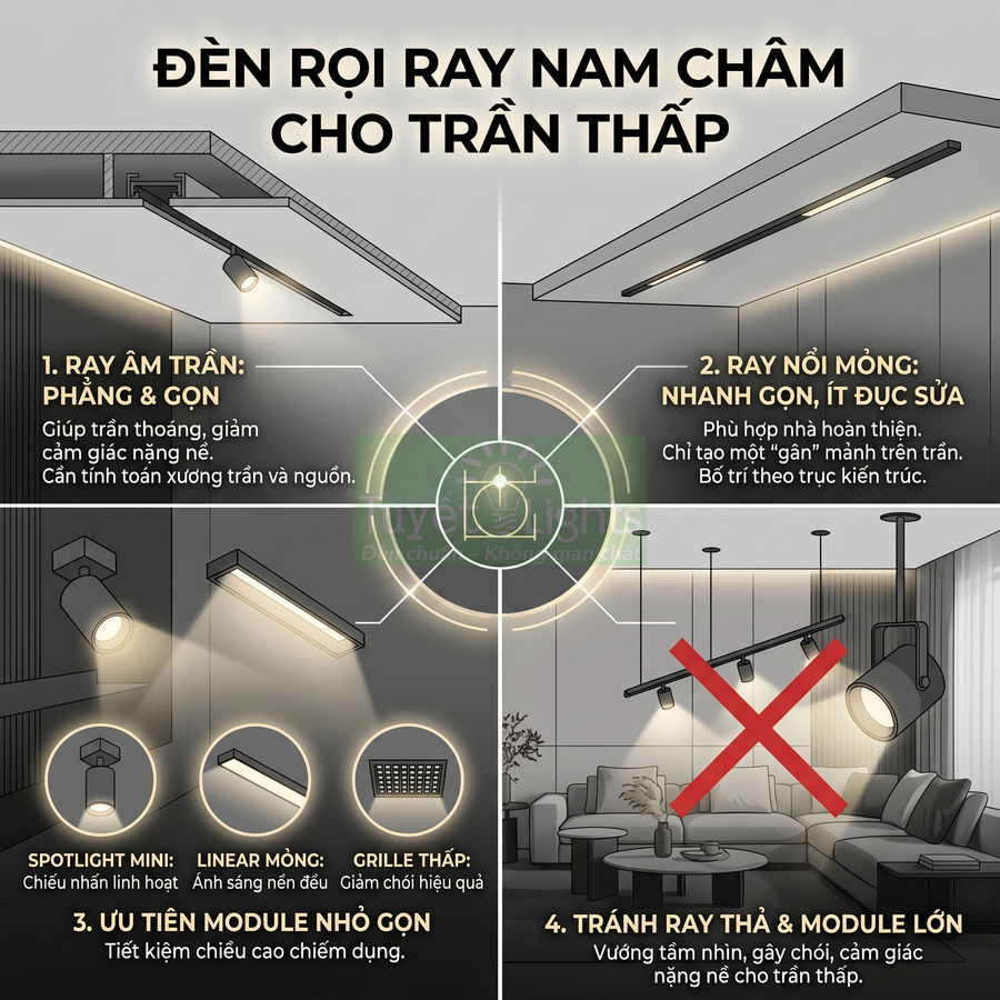 Đèn rọi ray nam châm cho trần thấp với nhiều kiểu ray âm trần, ray nổi mỏng và module chiếu sáng nhỏ gọn