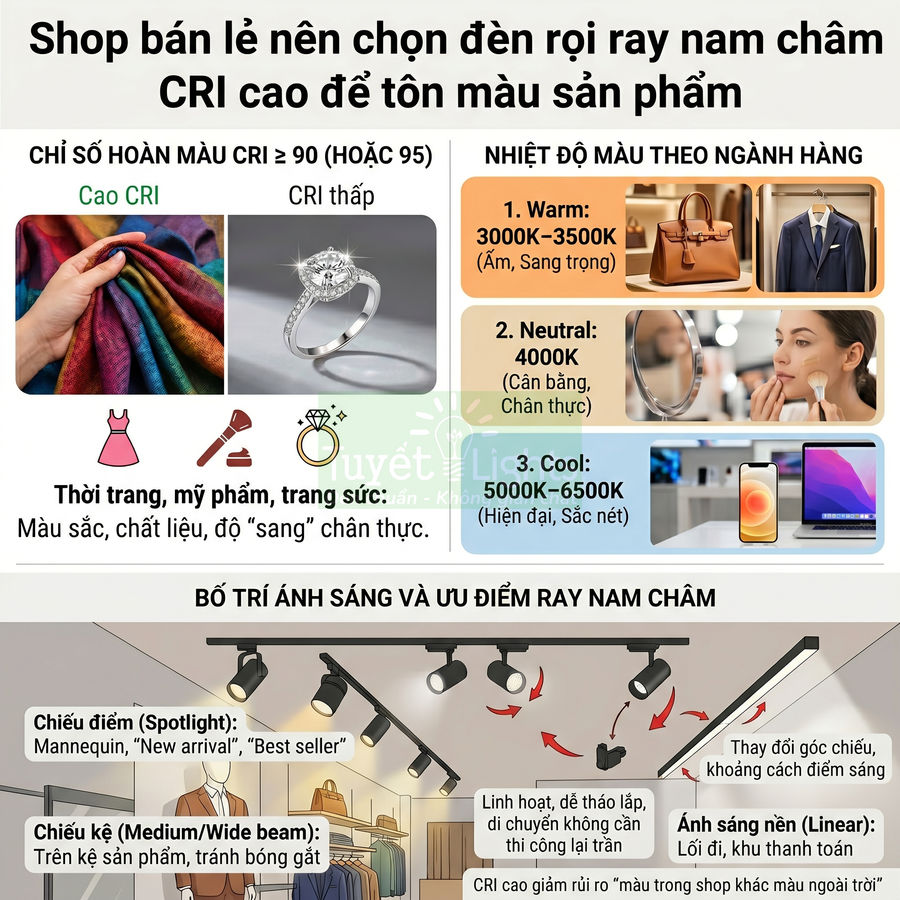 Infographic hướng dẫn chọn đèn rọi ray nam châm CRI cao cho shop thời trang, mỹ phẩm, trang sức và cách bố trí ánh sáng