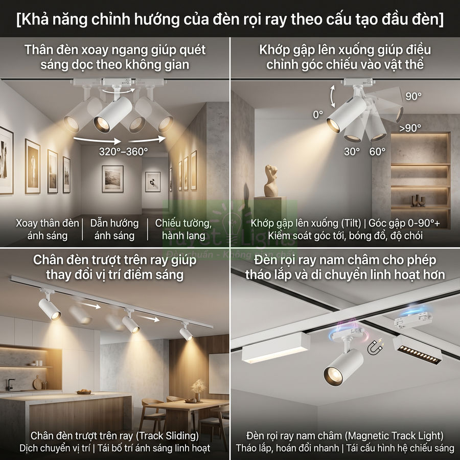 Đèn rọi ray trắng xoay gập linh hoạt chiếu sáng tranh tường và không gian nội thất hiện đại