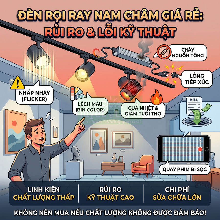 Đèn rọi ray nam châm giá rẻ với nhiều lỗi kỹ thuật như nhấp nháy, lệch màu, quá nhiệt và cháy nguồn tổng