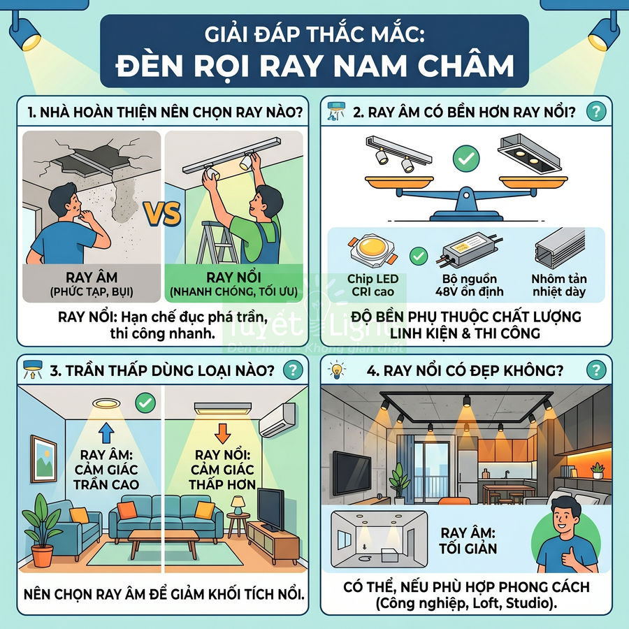 Infographic so sánh ưu nhược điểm đèn rọi ray nam châm ray âm và ray nổi cho trần nhà