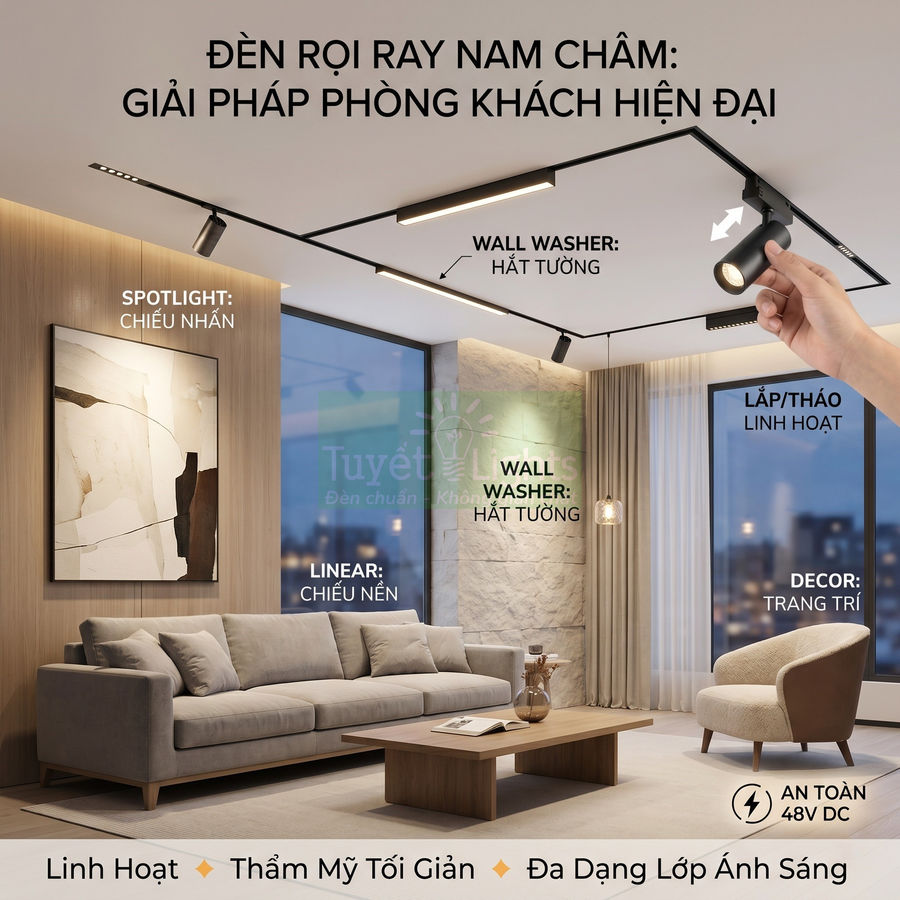 Đèn rọi ray nam châm lắp trần cho phòng khách hiện đại với sofa và bàn gỗ tối giản