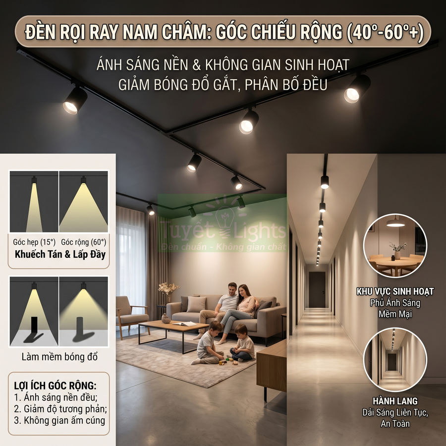 Đèn rọi ray nam châm góc chiếu rộng chiếu sáng phòng khách và hành lang hiện đại, ánh sáng nền mềm mại
