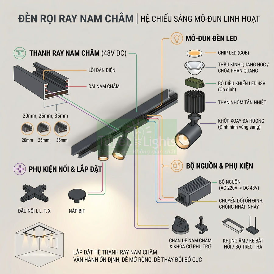 Đèn rọi ray nam châm gồm những bộ phận nào?