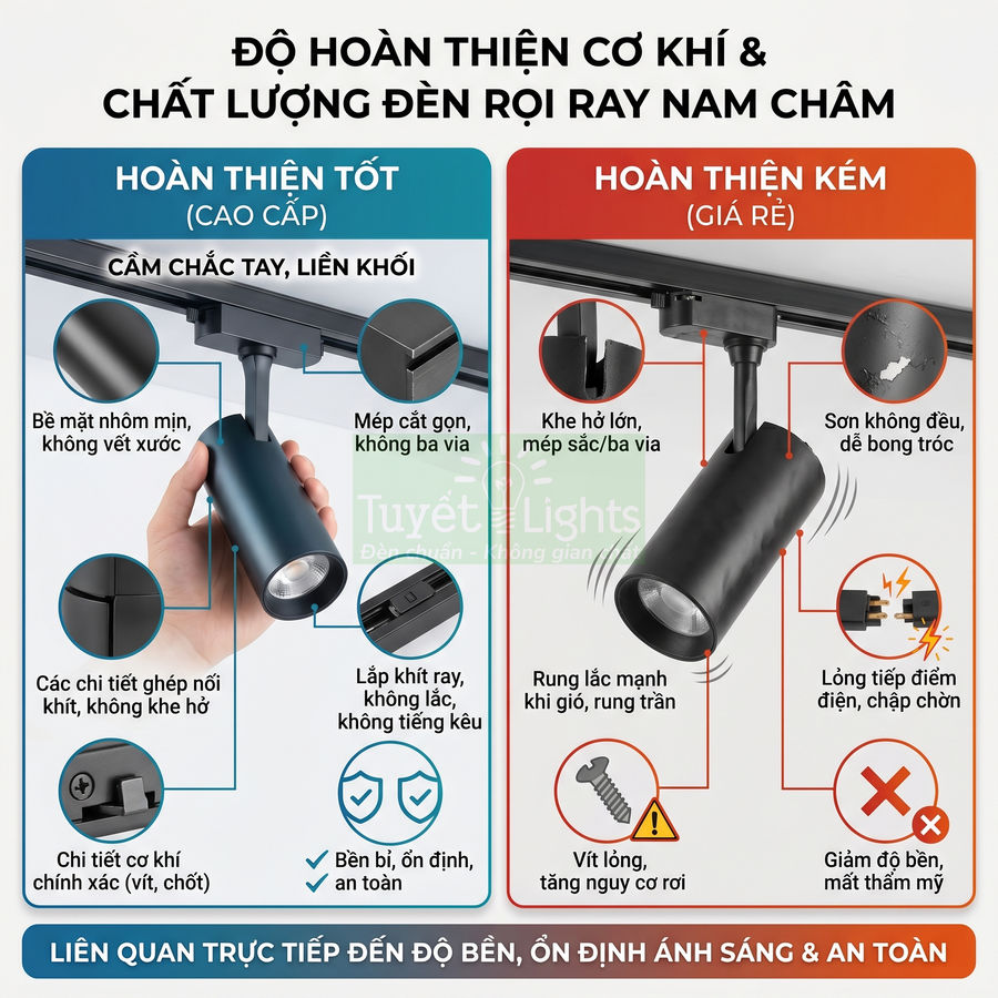So sánh đèn rọi ray nam châm cao cấp hoàn thiện tốt và đèn giá rẻ hoàn thiện kém, độ bền và an toàn khác nhau