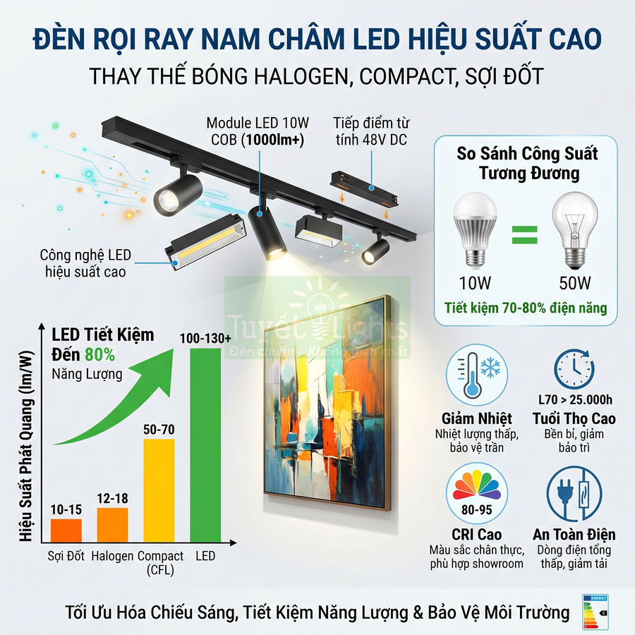 Đèn rọi ray nam châm LED hiệu suất cao chiếu tranh, so sánh tiết kiệm điện với bóng halogen và compact