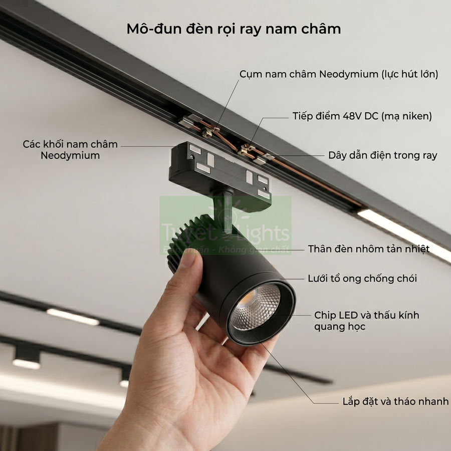 Đèn rọi ray nam châm LED màu đen đang được lắp lên thanh ray trần nhà