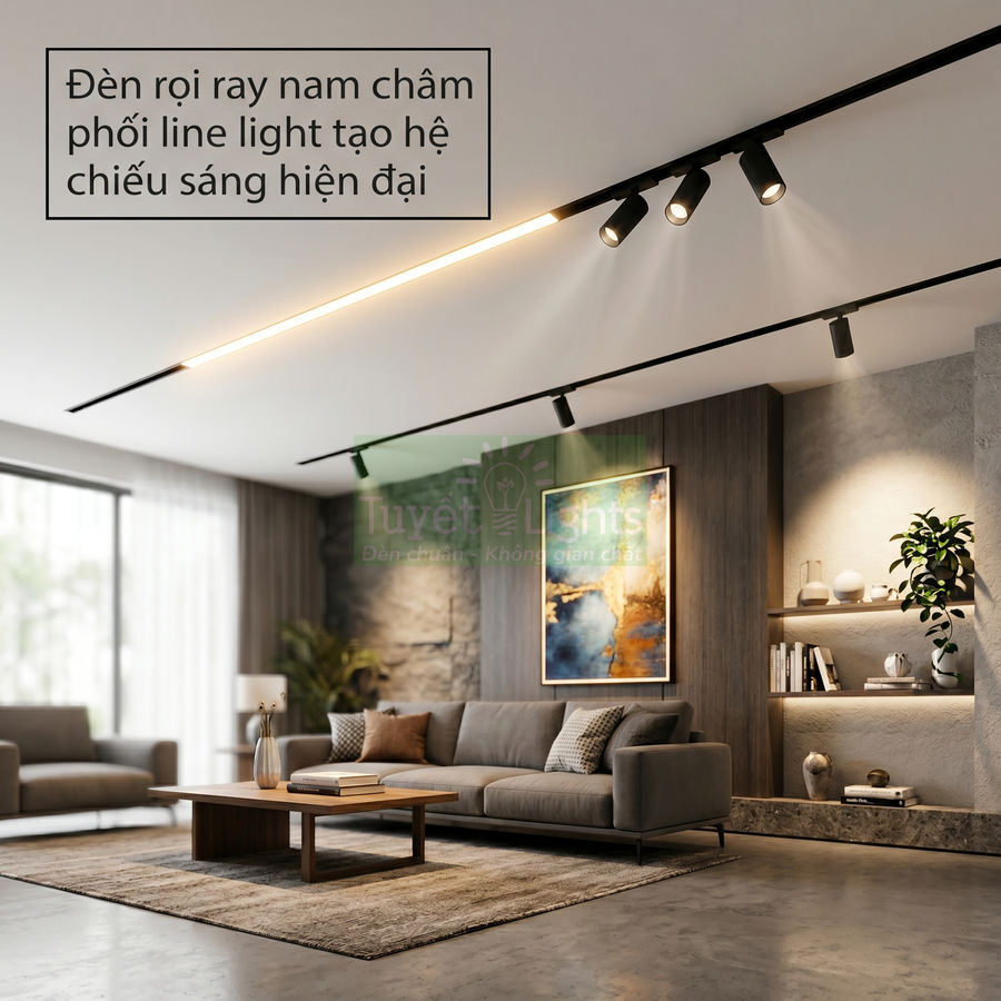 Đèn rọi ray nam châm kết hợp line light trên trần phòng khách hiện đại với sofa và bàn gỗ