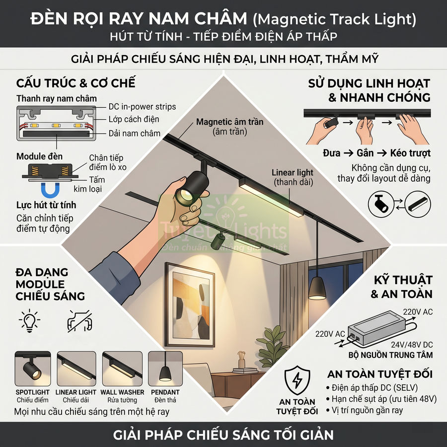 Đèn rọi ray nam châm Tikeo Lights chiếu sáng phòng khách hiện đại, linh hoạt điều chỉnh trên thanh ray