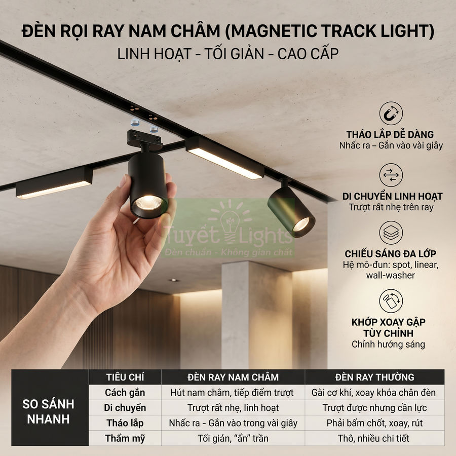 Đèn rọi ray nam châm Tuyết Lights màu đen lắp trần, dễ tháo lắp và điều chỉnh hướng chiếu sáng
