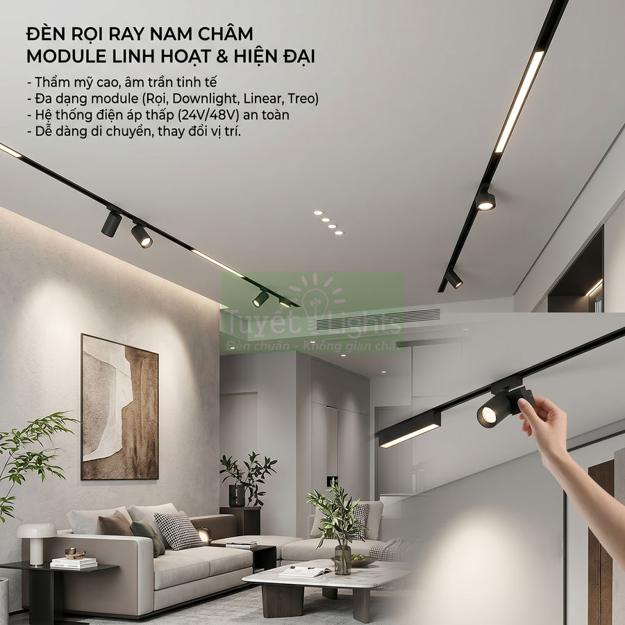 Đèn rọi ray nam châm module linh hoạt lắp trần cho phòng khách hiện đại