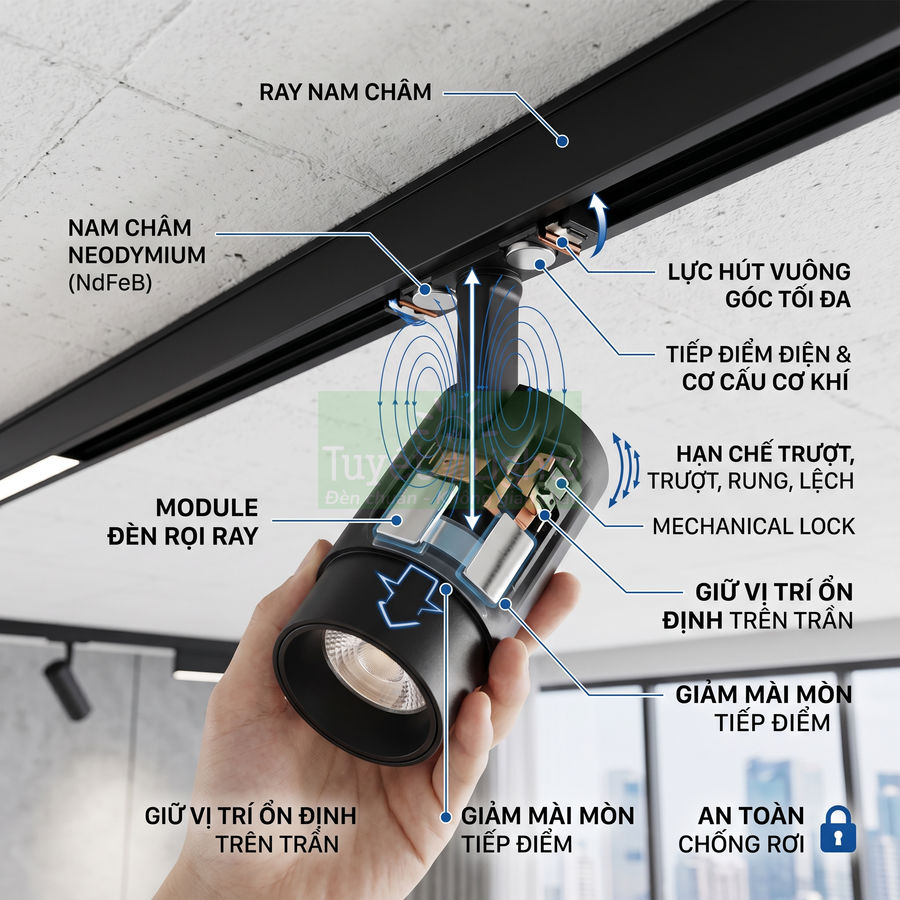 Đèn rọi ray nam châm neodymium gắn trần, tay người lắp module đèn vào thanh ray đen an toàn chắc chắn