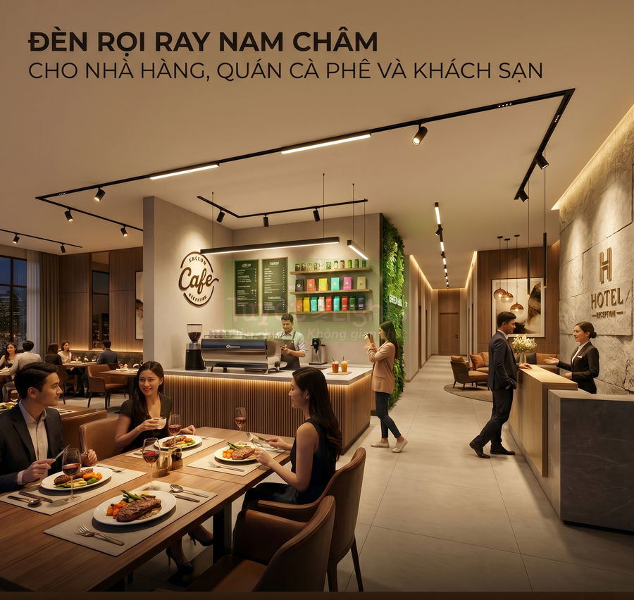Đèn rọi ray nam châm chiếu sáng không gian nhà hàng, quán cà phê và sảnh khách sạn hiện đại
