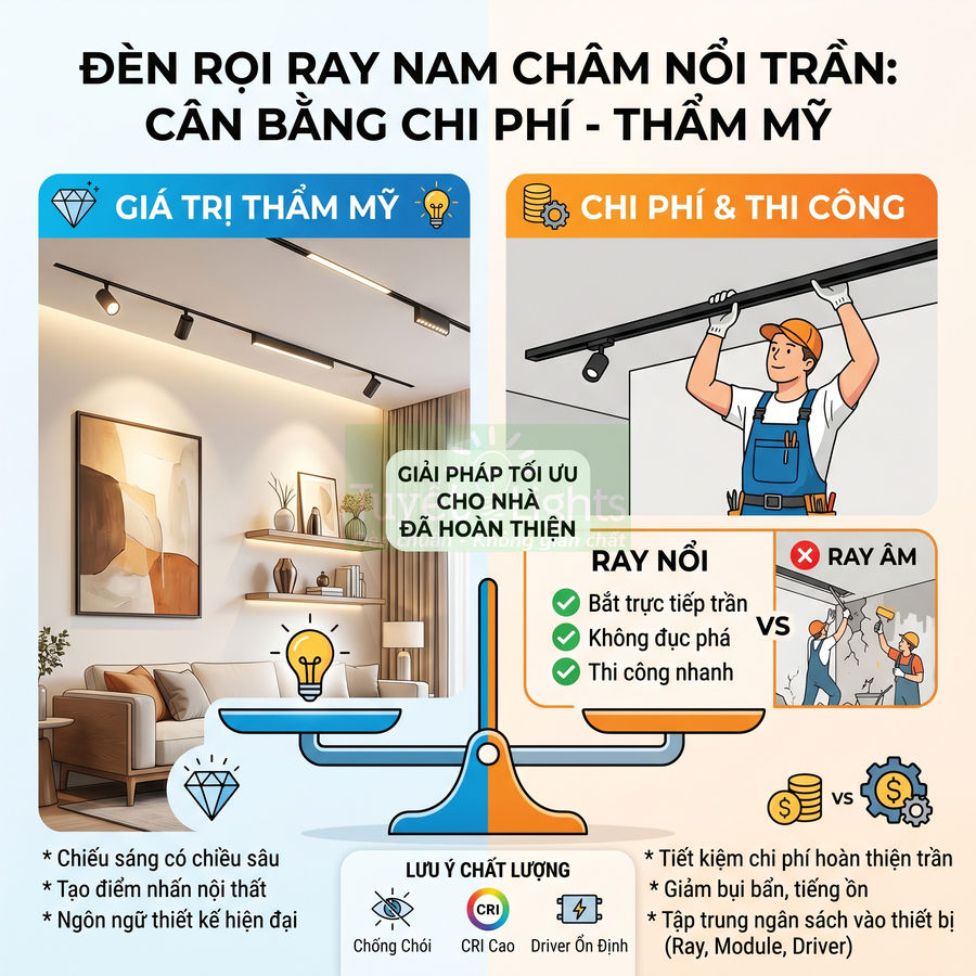 Đèn rọi ray nam châm nổi trần cho nội thất hiện đại, so sánh ưu điểm thẩm mỹ và chi phí thi công