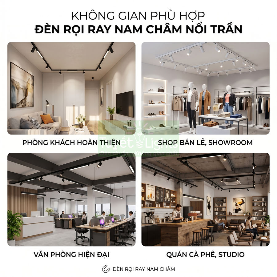 Đèn rọi ray nam châm nổi trần lắp cho phòng khách, shop bán lẻ, văn phòng hiện đại và quán cà phê studio
