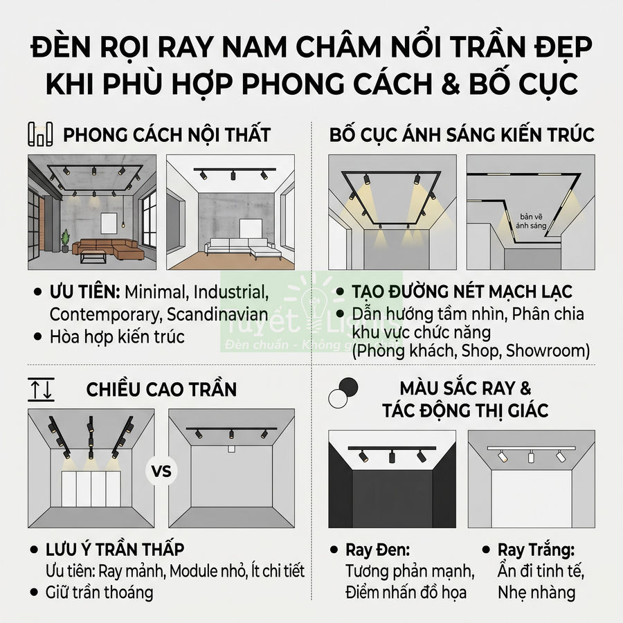 Infographic hướng dẫn chọn đèn rọi ray nam châm nổi trần đẹp theo phong cách nội thất và bố cục ánh sáng