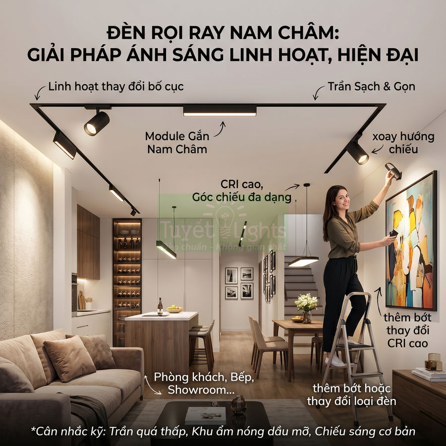 Đèn rọi ray nam châm phù hợp với những không gian nào?