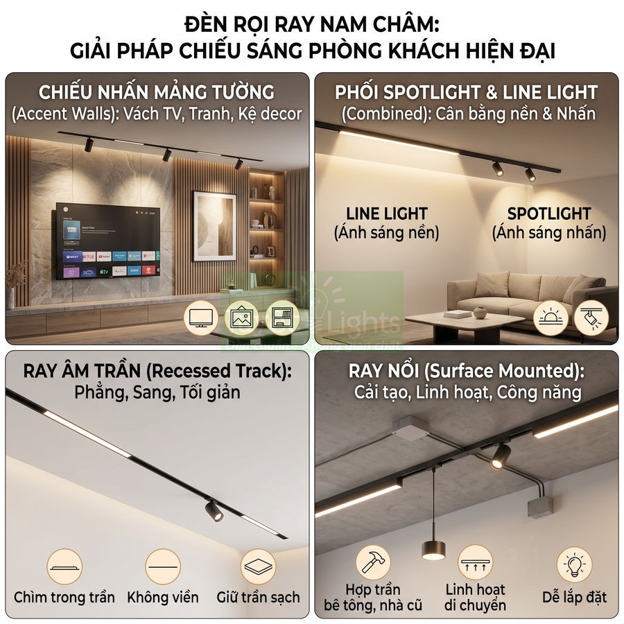 Đèn rọi ray nam châm cho phòng khách hiện đại với nhiều kiểu lắp đặt âm trần và nổi linh hoạt