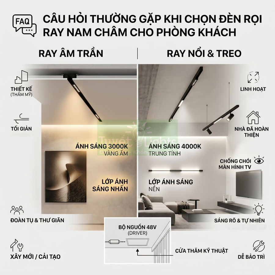 So sánh đèn rọi ray nam châm âm trần và ray nổi treo cho phòng khách hiện đại