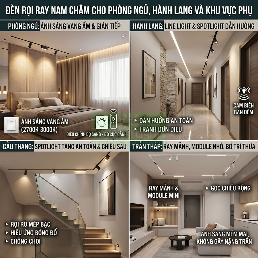 Đèn rọi ray nam châm lắp phòng ngủ, hành lang, cầu thang và phòng khách với ánh sáng vàng ấm hiện đại