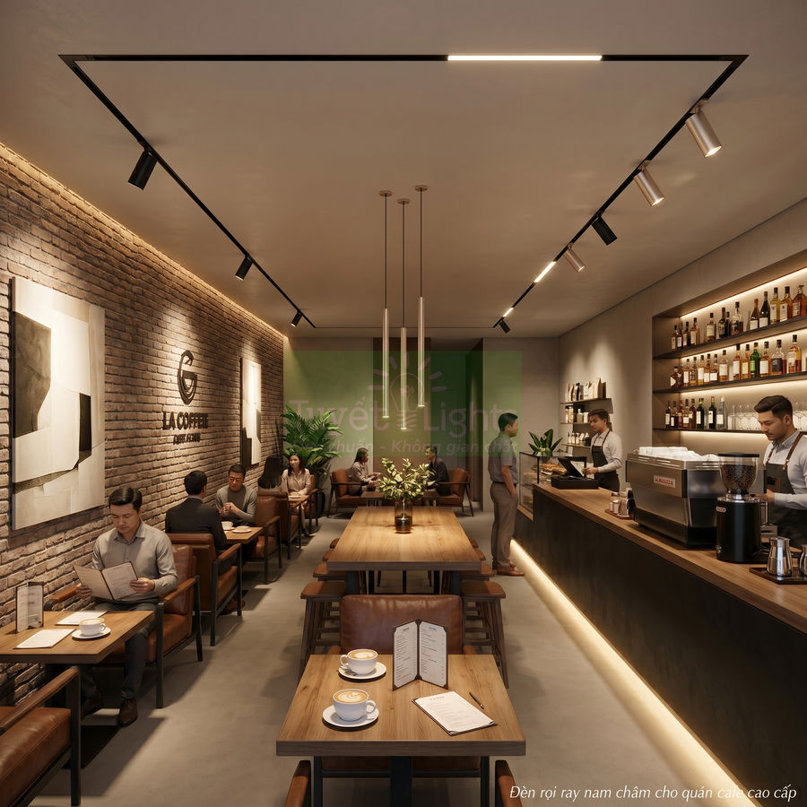 Đèn rọi ray nam châm chiếu sáng quán cafe hiện đại với quầy bar và bàn gỗ ấm cúng