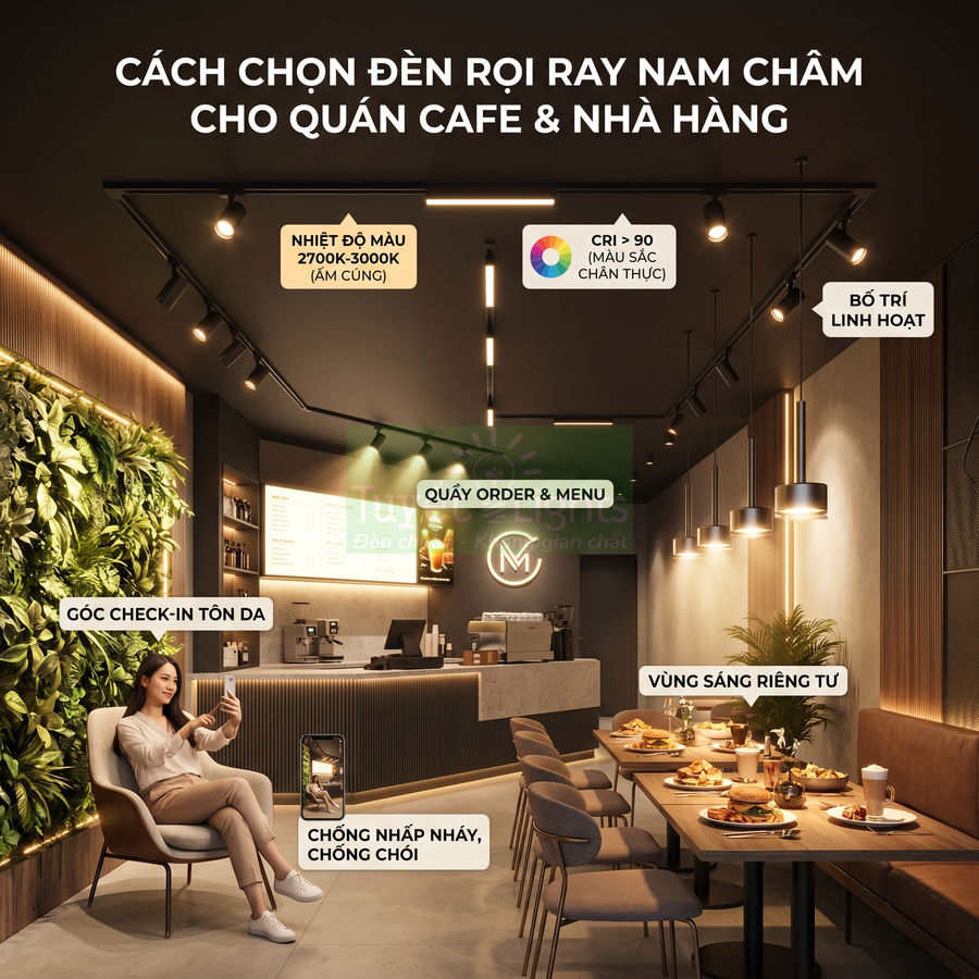 Đèn rọi ray nam châm chiếu sáng quán cafe hiện đại với quầy order, bàn ăn và góc check in cho khách