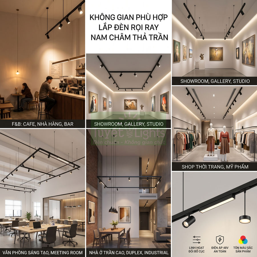 Đèn rọi ray nam châm thả trần chiếu sáng quán cafe, showroom, văn phòng, nhà ở trần cao và shop thời trang