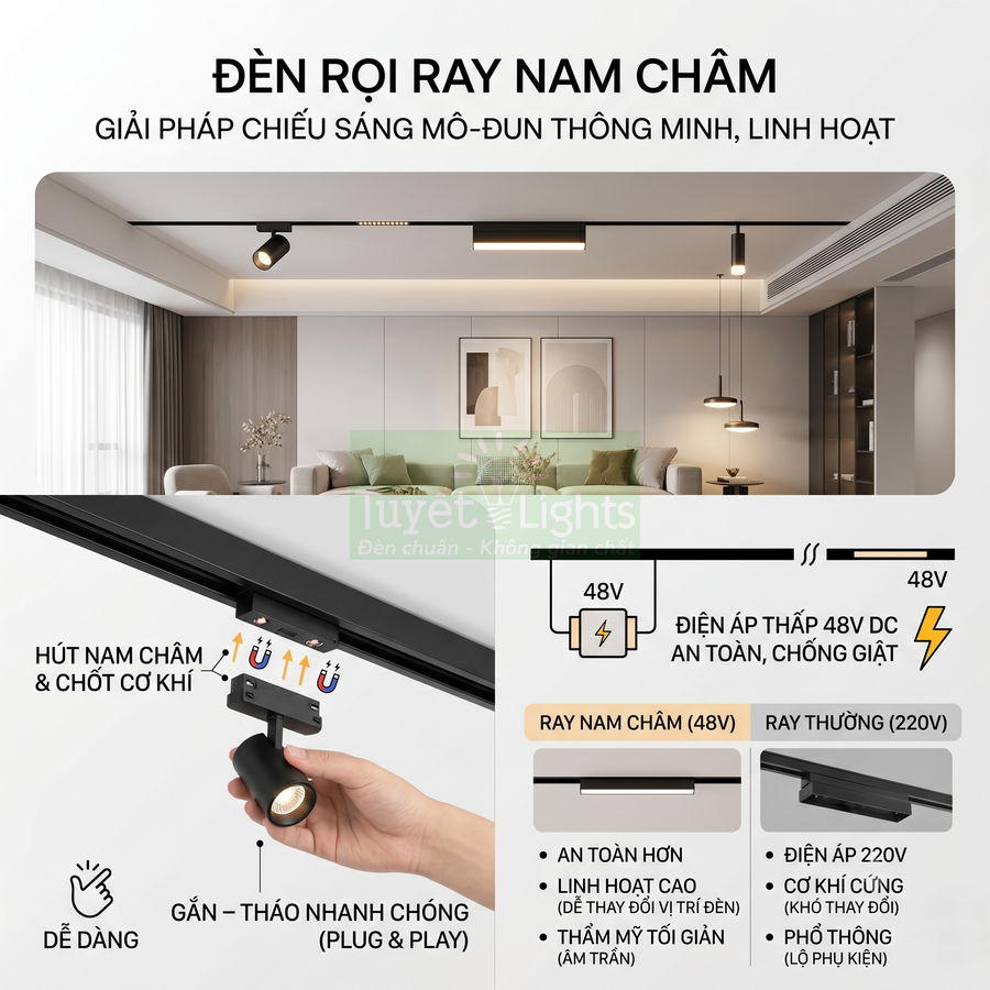Đèn rọi ray nam châm Tuyết Lights 48V lắp trần phòng khách, dễ dàng gắn tháo, chiếu sáng hiện đại